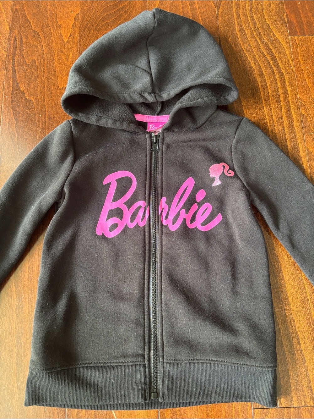 Barbie Black Zip-Up Hoodie with Pink Logo, Size 6